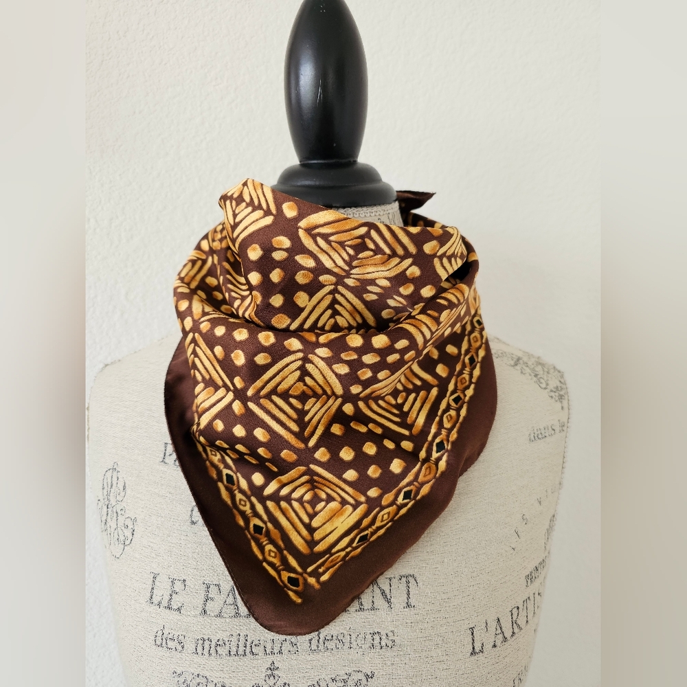 NWT Jones New York Made in Italy Scarf | Brown & Gold Geometric Silk-Feel Neck